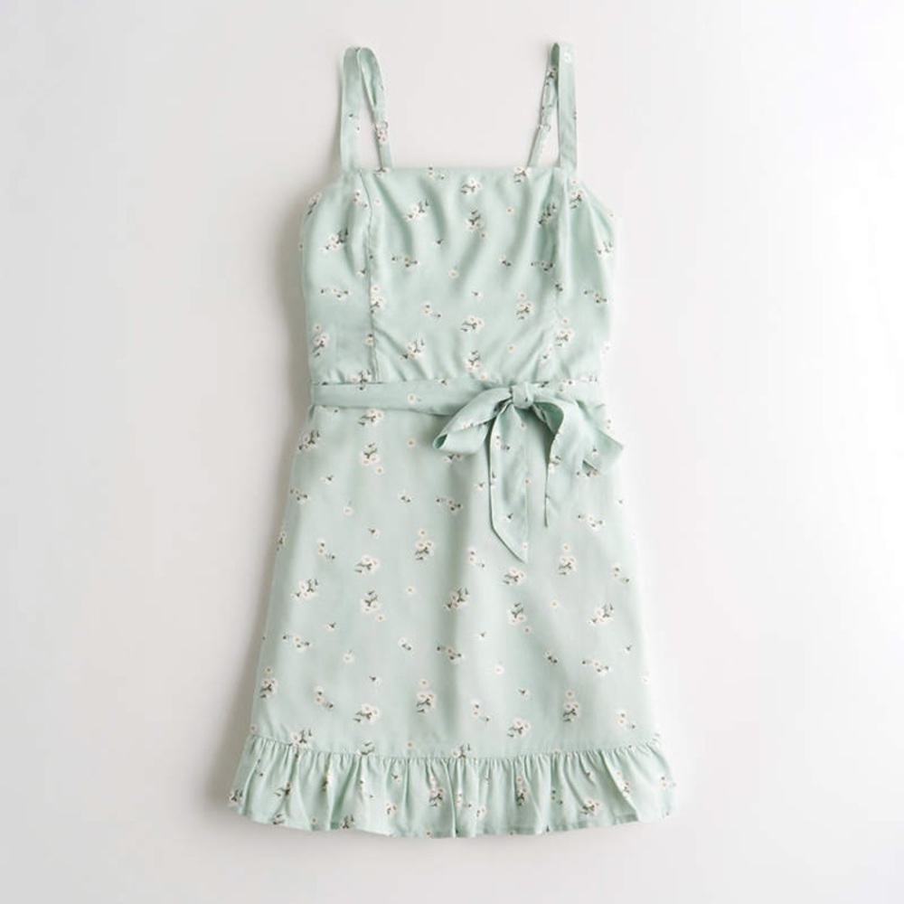 Belted Ruffle-Hem Mini Dress(mint floral)